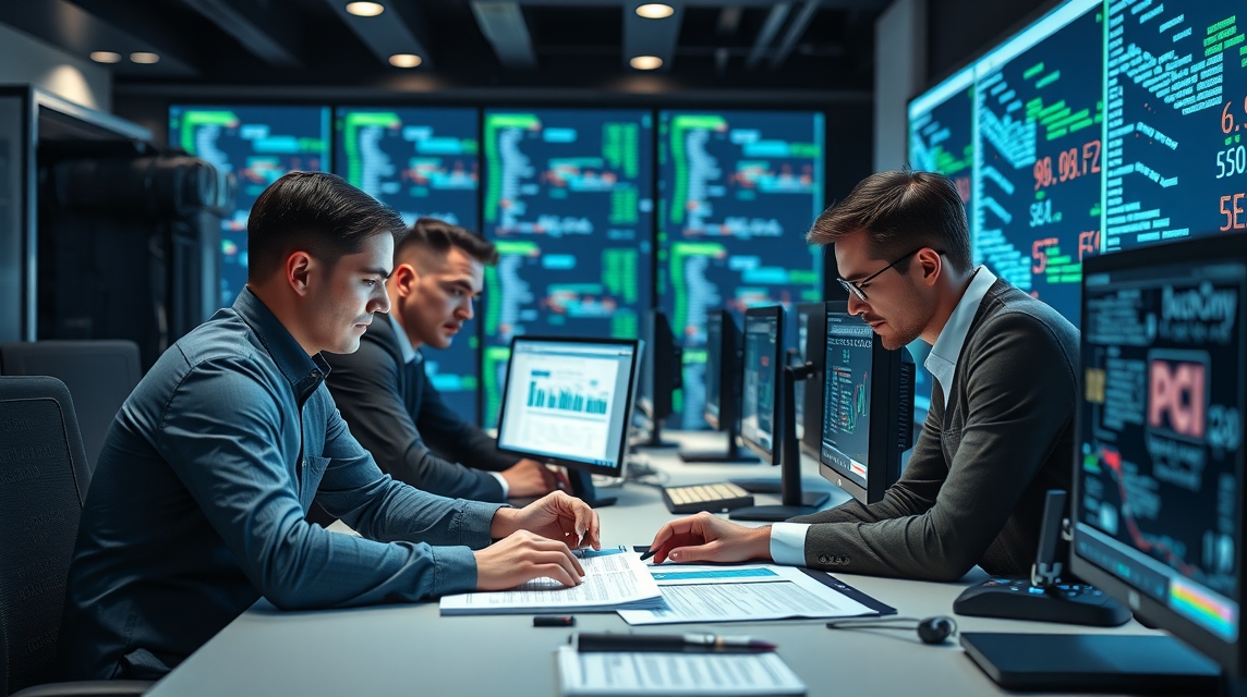 Traja muži pracujúci v modernom kancelárskom prostredí s počítačmi a grafmi.