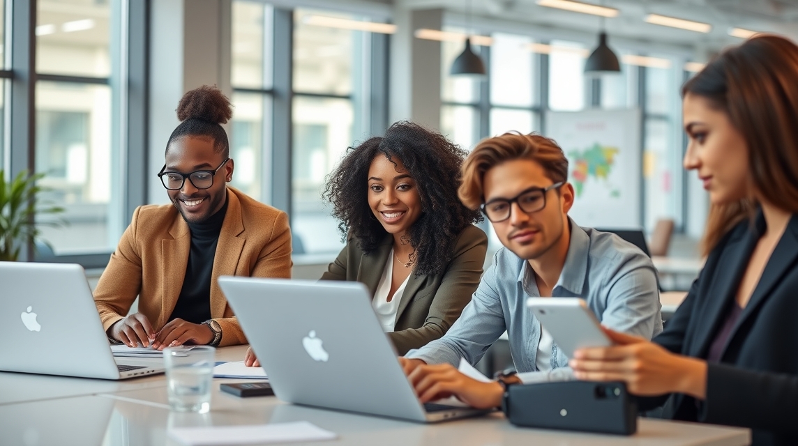 Skupina štyroch mladých profesionálov pracuje na laptopoch v modernom kancelárskom prostredí.
