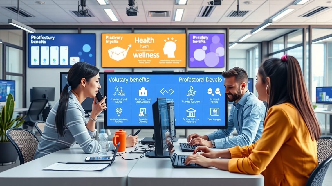 Skupina profesionálov diskutuje a dolgozik számítógépeken egy modern irodában.