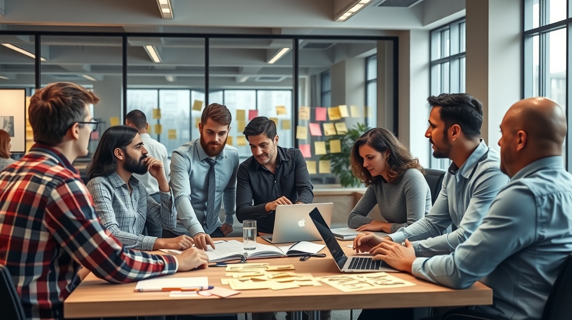 Skupina profesionálov diskutuje o projektoch pri stole v kancelárii.