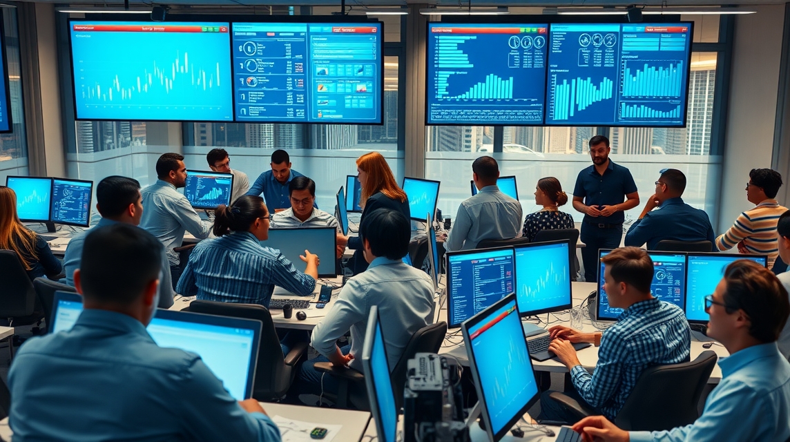 Skupina profesionálov pracuje egy modern irodában, számítógépekkel és adatvizualizációs képernyőkkel.