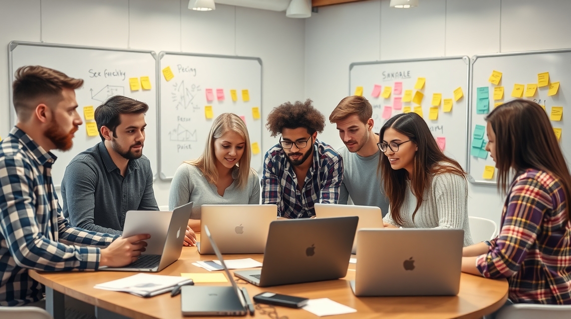 Skupina mladých profesionálov pracuje na laptopoch v konferenčnej miestnosti.