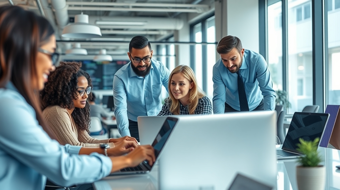 Skupina šiestich profesionálov pracuje na počítačoch v modernom kancelárskom prostredí.