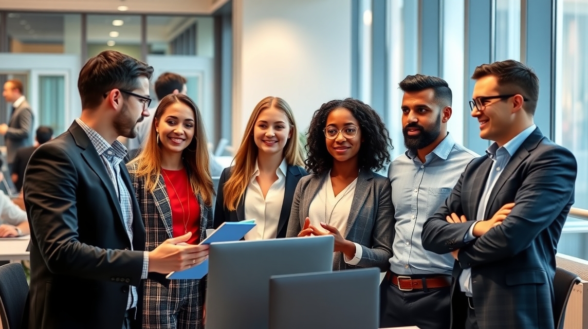 Skupina šiestich profesionálov diskutuje pri počítači v modernom kancelárskom prostredí.