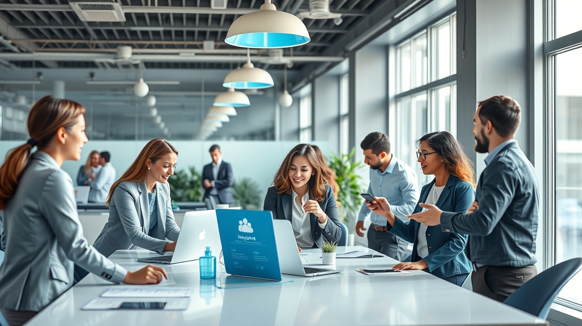 Skupina profesionálov pracuje v modernom kancelárskom prostredí, diskutujú a používajú technológie.