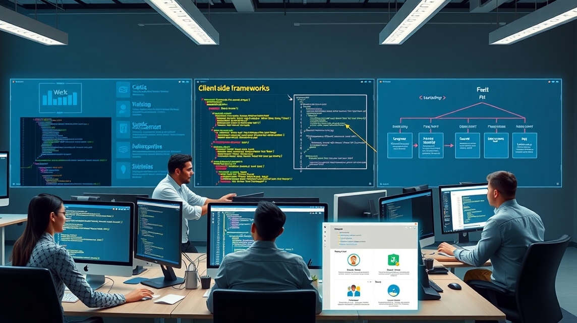 Skupina štyroch profesionálov pracuje na programovaní v modernom kancelárskom prostredí.