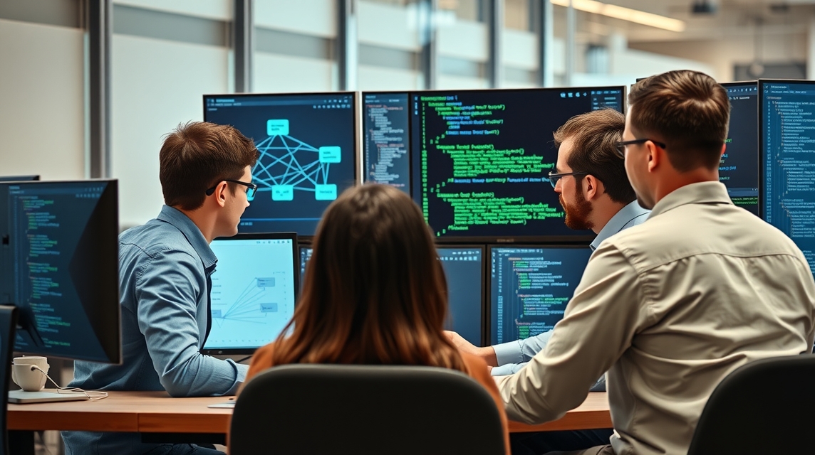 Skupina programátorov diskutuje a analyzuje kód na viacerých obrazovkách.