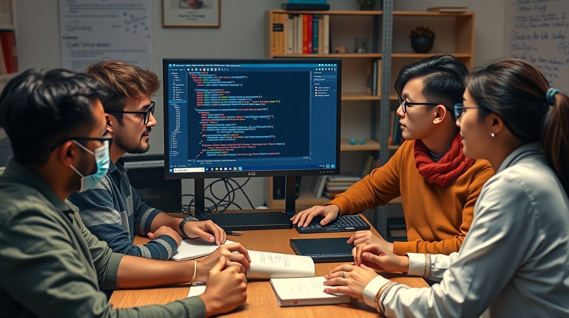 Skupina štyroch ľudí diskutuje o programovaní pri počítači.