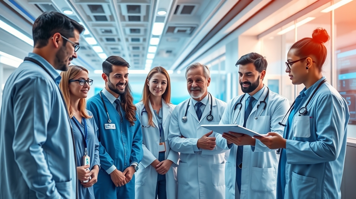 Skupina lekárov a zdravotníckych pracovníkov diskutuje v modernom zdravotníckom prostredí.