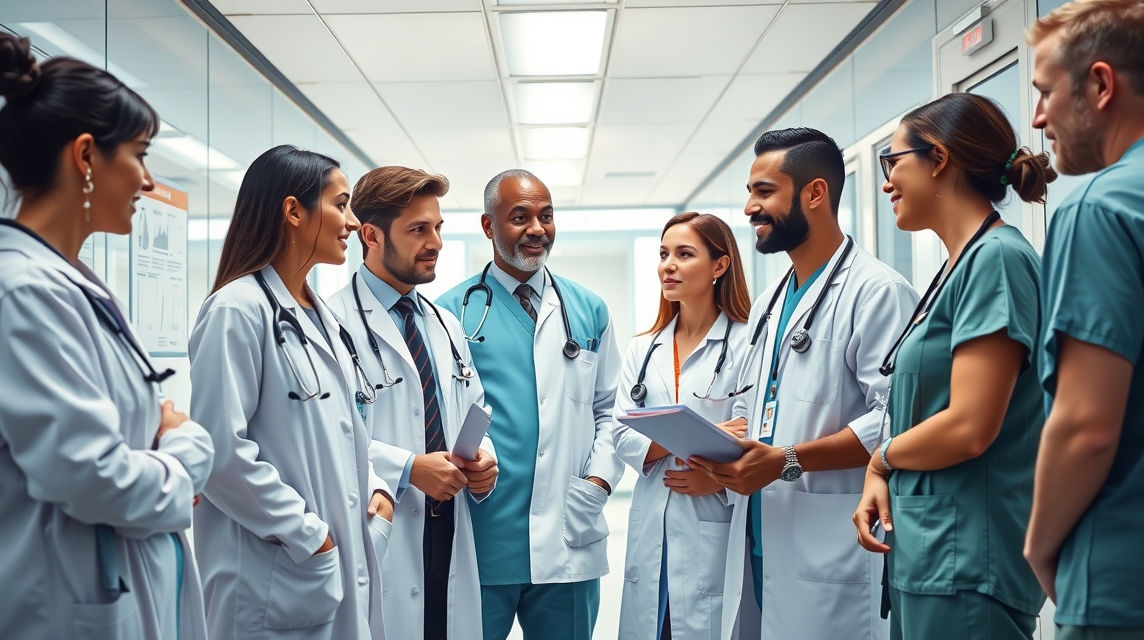 Skupina lekárov a zdravotníckych pracovníkov diskutuje v nemocničnej chodbe.