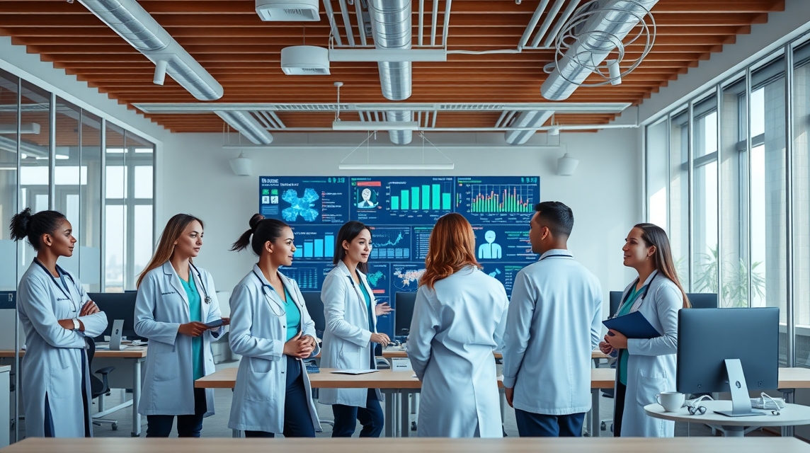 Skupina lekárov diskutuje v modernom kancelárskom prostredí s grafmi na obrazovke.