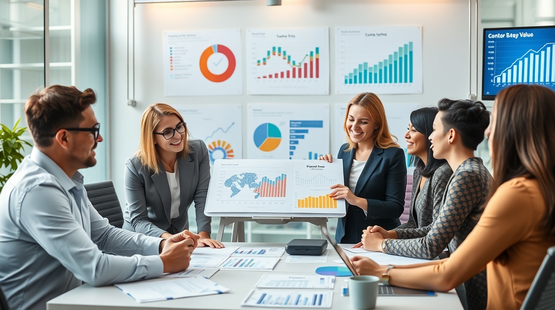 Skupina profesionálov diskutuje o prezentácii grafov a analýz v kancelárii.