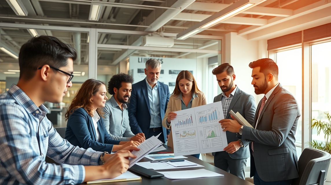 Skupina profesionálov diskutuje o grafikonoch a prezentációkon egy értekezleten.