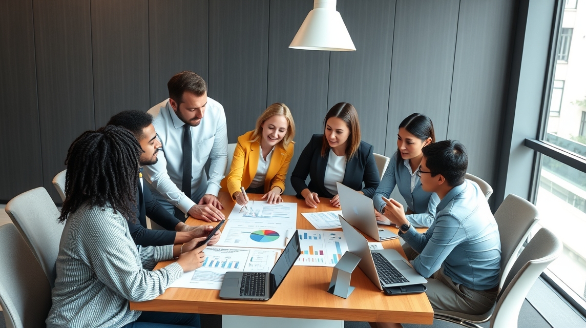 Skupina profesionálov diskutuje a analyzuje grafy egy konferenciateremben.