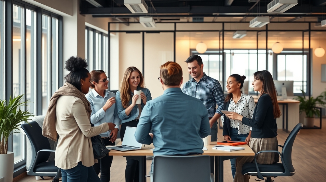 Skupina profesionálov diskutuje a oslavuje v modernom kancelárskom prostredí.