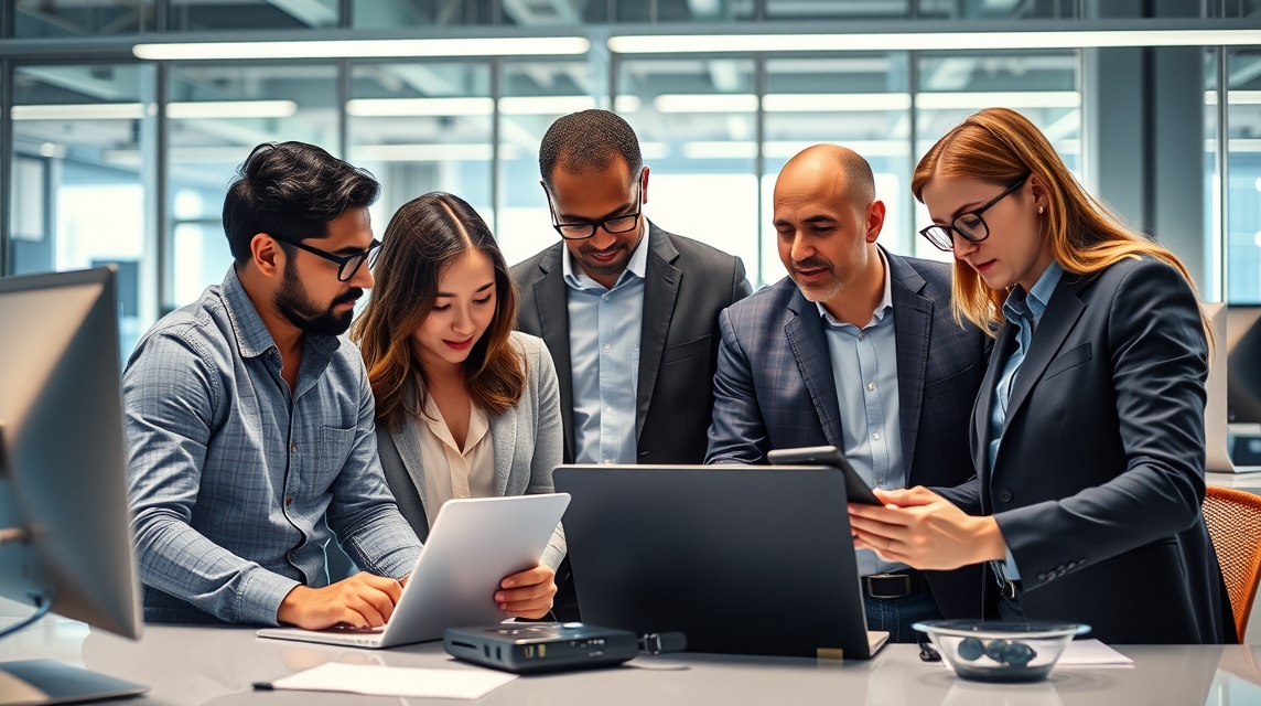 Skupina piatich profesionálov diskutuje o projektoch pri stole v modernom kancelárskom prostredí.