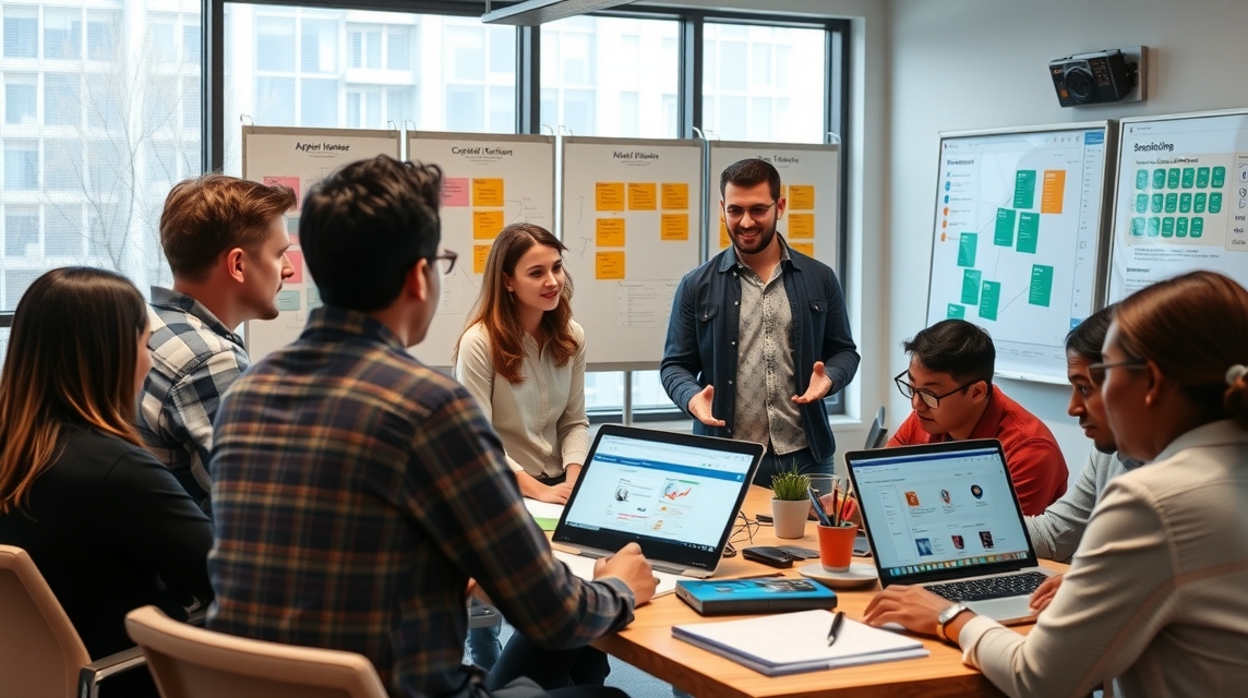 Skupina mladých profesionálov diskutuje a spolupracuje na projekte v modernom kancelárskom prostredí.