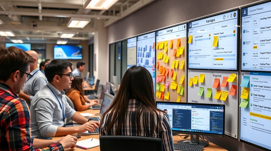Skupina ľudí pracuje v kancelárii, obklopená obrazovkami a poznámkovými lístkami.