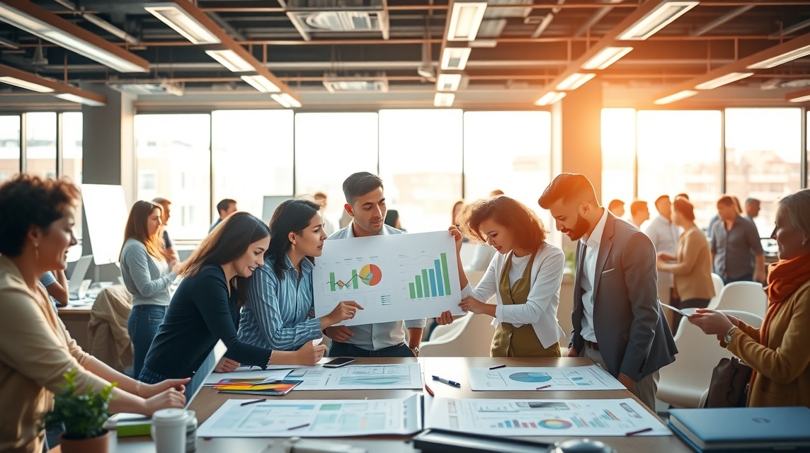 Skupina profesionálov diskutuje a analyzuje grafy egy modern irodában.