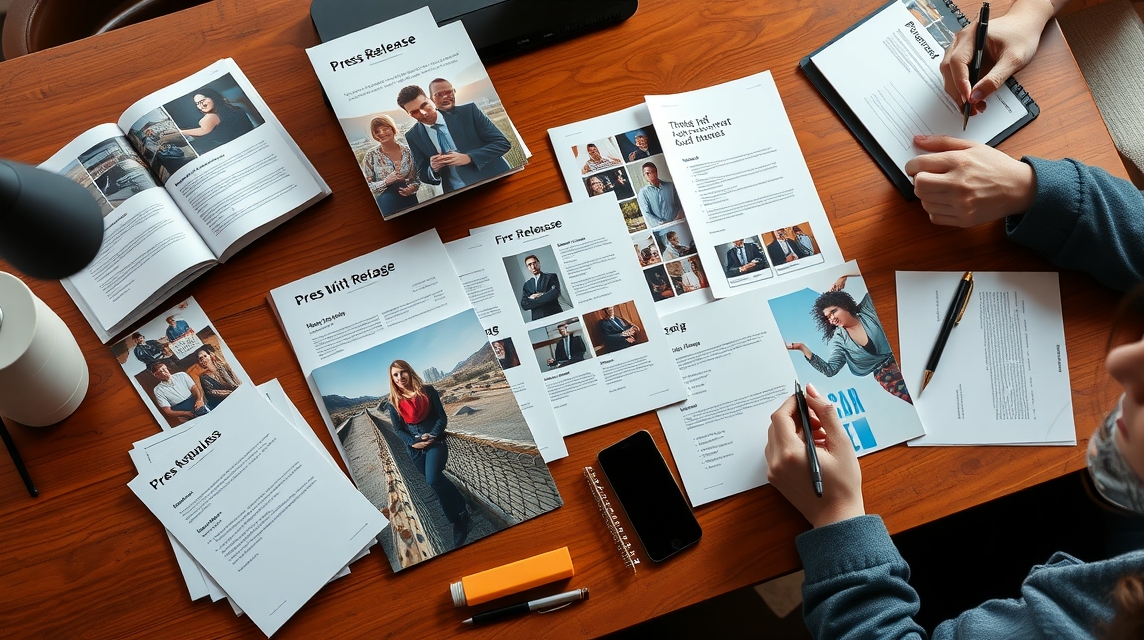 Stôl s rôznymi tlačovinami, vrátane tlačových správ a fotografií.