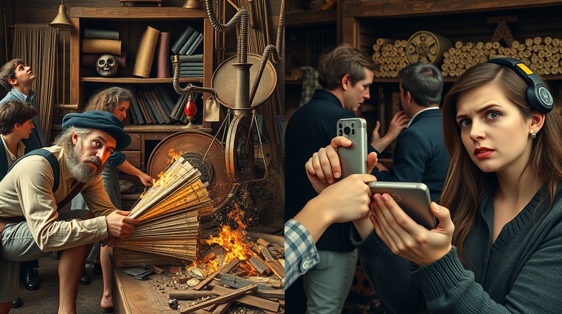 Múzeumi jelenet, ahol egy férfi fújtatja a tüzet, míg fiatalok figyelik.