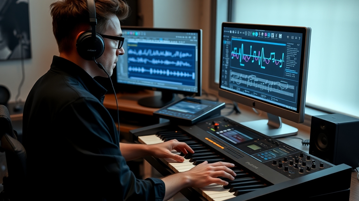 Mladý muž zenový skladatel pracuje na klávesnici v nahrávacím studiu.