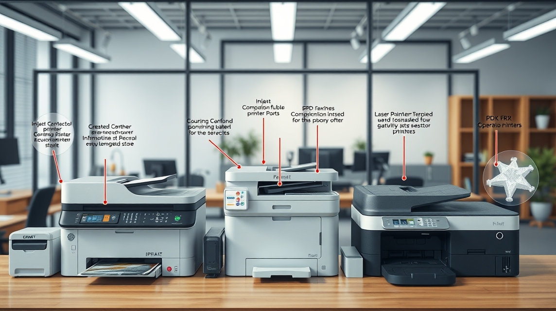 Tri rôzne typy tlačiarní umiestnené na stole v kancelárii.