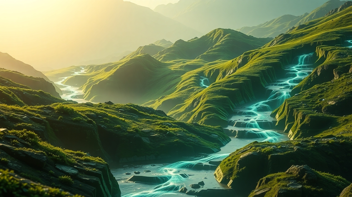 Krásna krajina zelených kopcov és modrých vírov, naplnená svetlom.