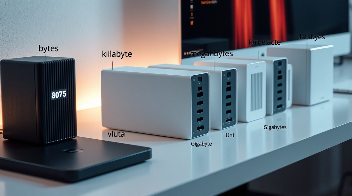 Rôzne úložné zariadenia s označeniami kapacity ako kilobajty a megabajty.
