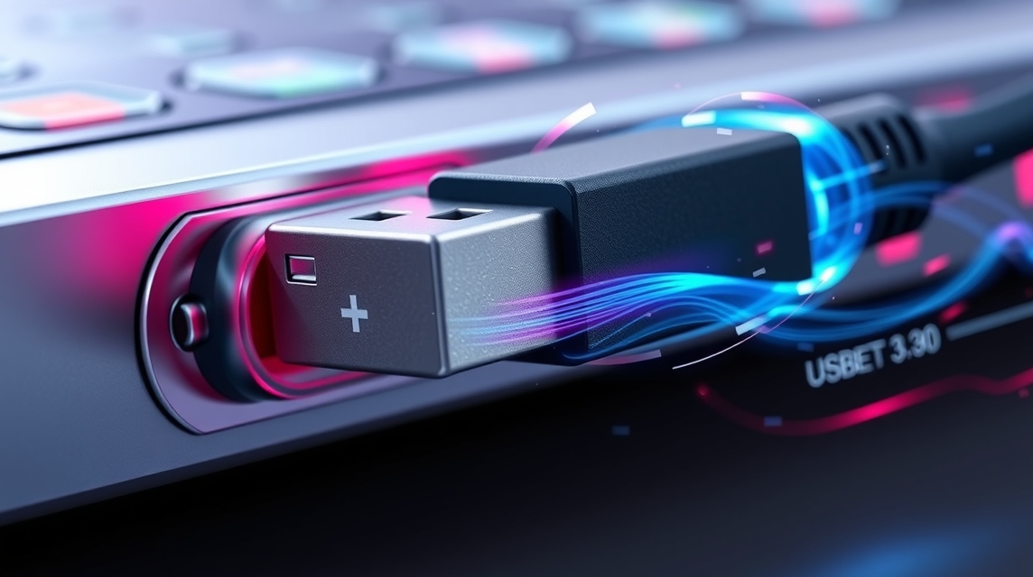 USB kábel csatlakozása egy eszközhöz, modern technológiai háttérrel.