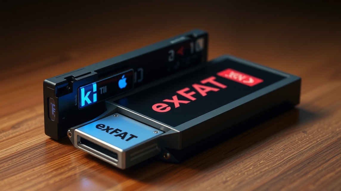 Dva USB flash disky, az egyik exFAT felirattal, a másik Apple logóval.