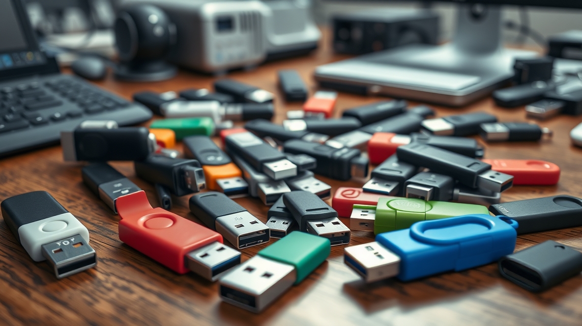 Rôzne USB kľúče rozložené na drevenom stole vedľa počítača.