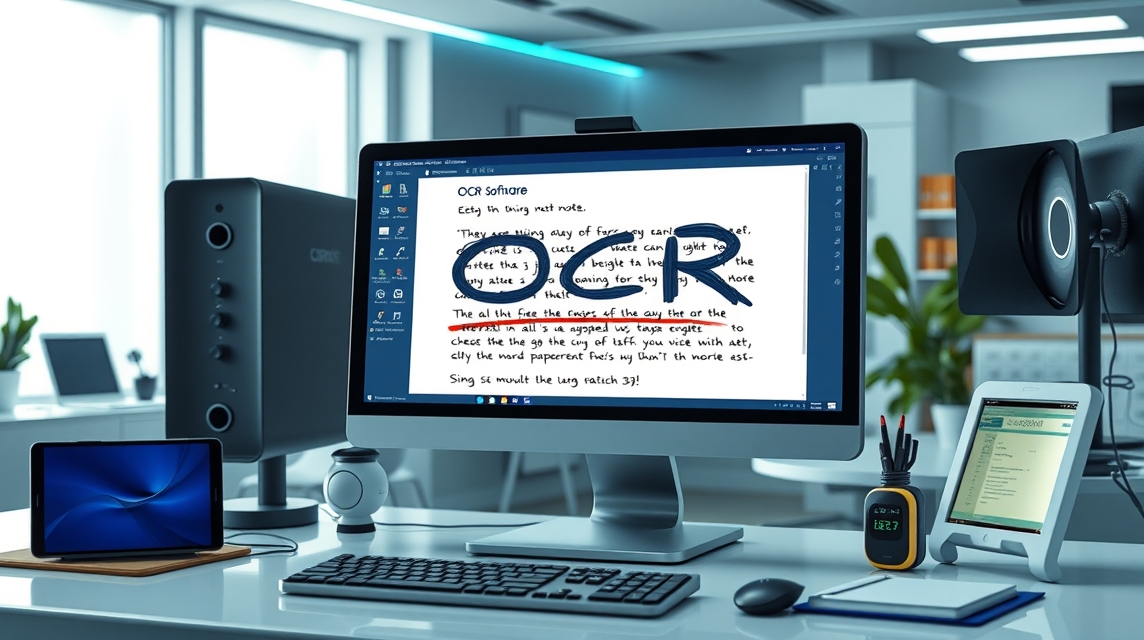 Počítač s obrazovkou, na ktorej je text o OCR softvéri a poznámkach.