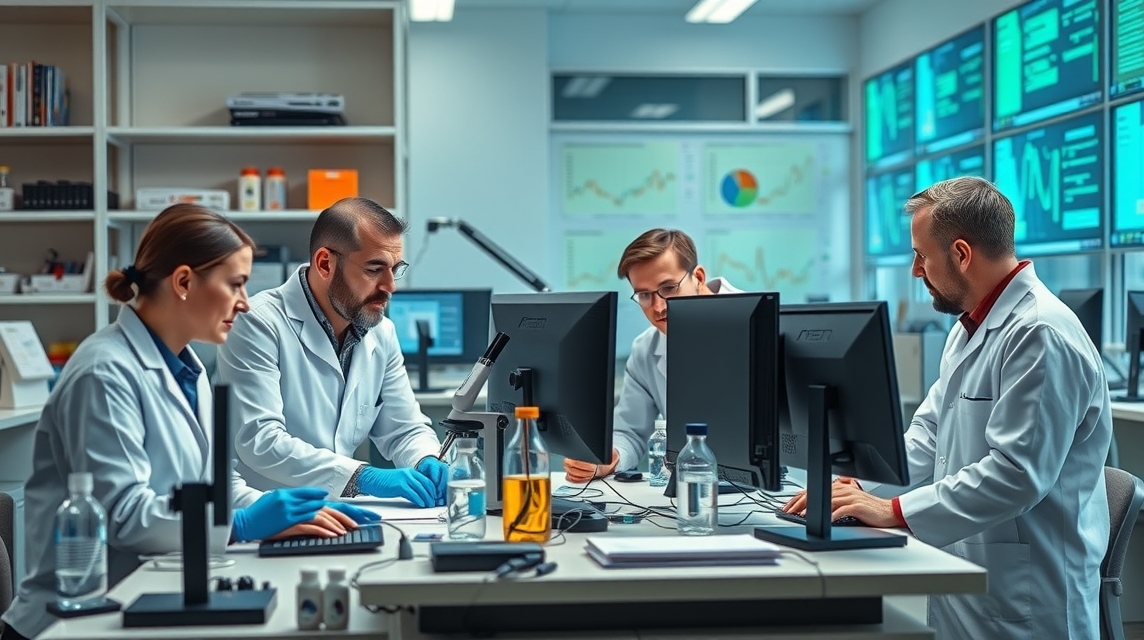 Štyria vedci v laboratóriu analyzujú dáta na počítačoch.