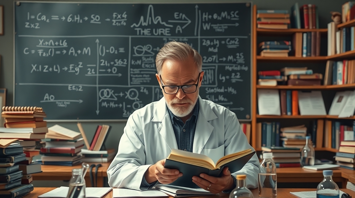 Starší muž laboratórny vedec, ktorý číta knihu v učebni s tabuľou a knihami.