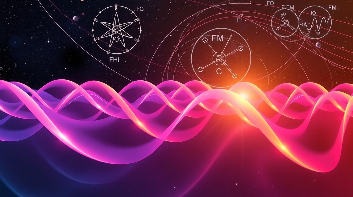 Abstraktná grafika znázorňujúca vlny a vesmírne prvky v pozadí.