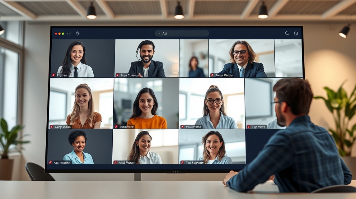 Videokonferencia, ahol több résztvevő látható a képernyőn, különböző háttérrel.