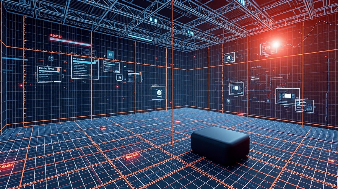 Moderná virtuálna miestnosť s digitálnymi obrazovkami a mriežkovanou podlahou.