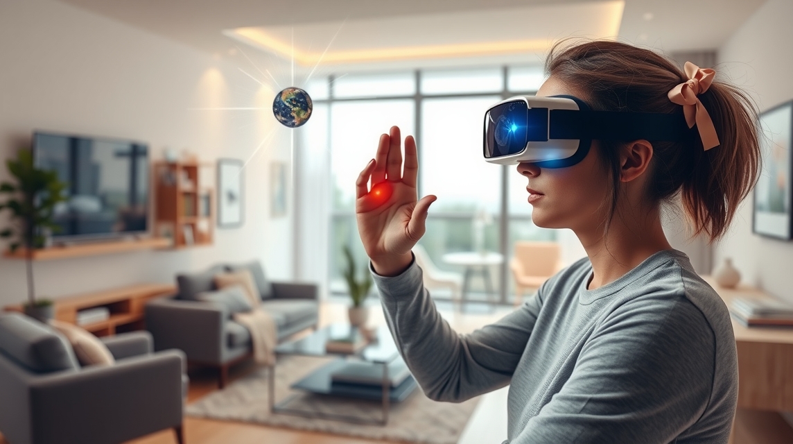 Žena s virtuálnymi okuliarmi interaguje s holografickou zemeguľou v modernom obývacom priestore.