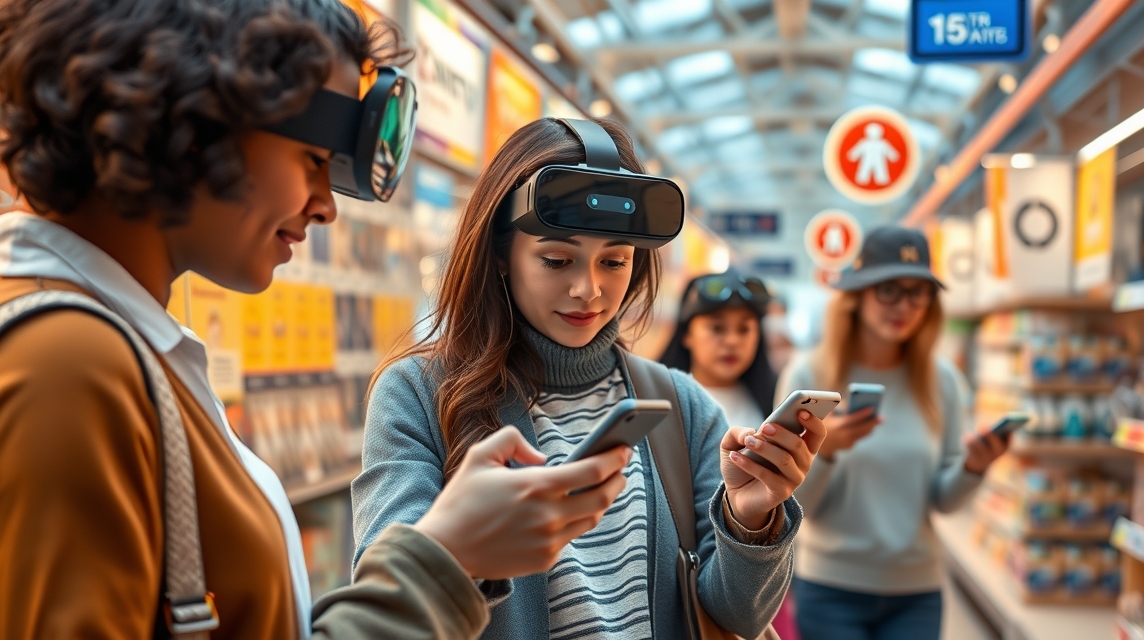 Dve ženy nosia VR headsety, mobilné telefóny v ruke, v obchode.