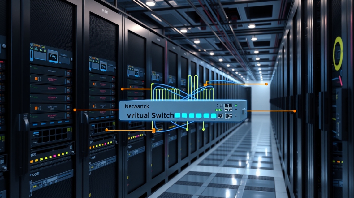 Moderný dátový center s virtuálnym prepínačom a servermi.