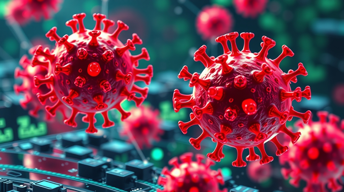 Detailný pohľad na vírus COVID-19 zobrazený v červenej farbe na pozadí technológie.