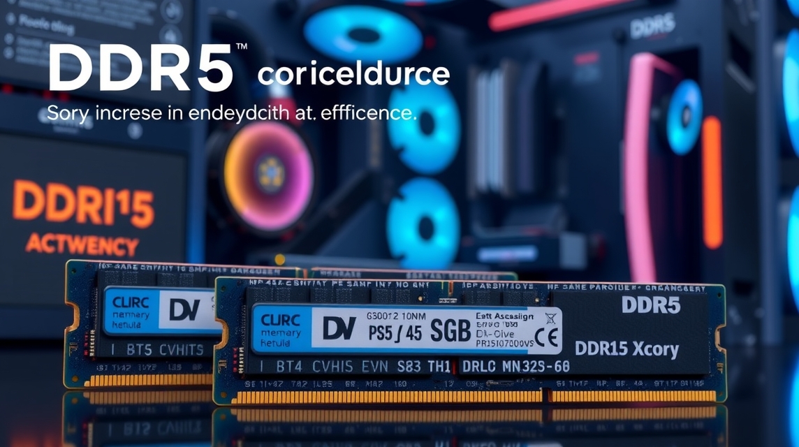 Na obrázku sú dva moduly DDR5 RAM s farebným pozadím počítačových komponentov.