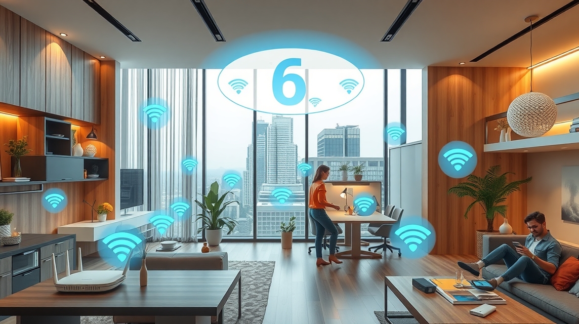 Moderný interiér bytu s technológiou Wi-Fi 6 a mestským výhľadom.