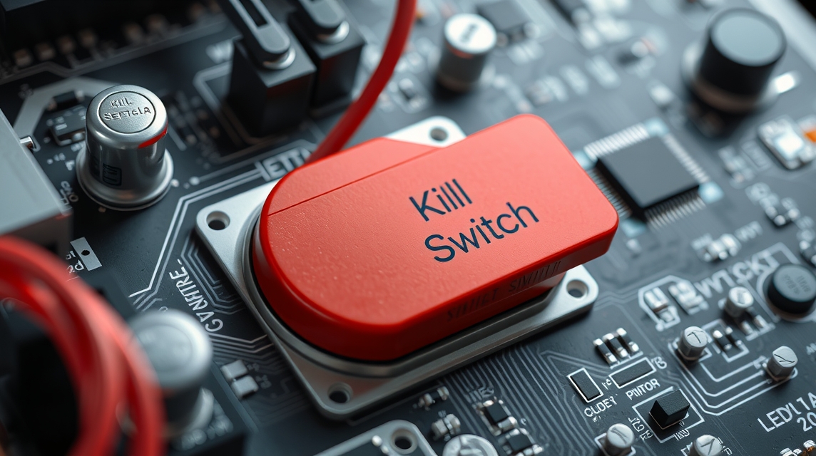 Červený vypínač s nápisom 'Kill Switch' na elektronickej doske.