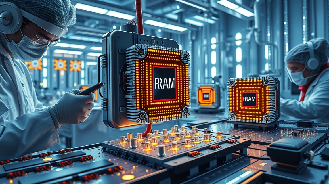 Pracovníci v laboratóriu manipulujú s RAM modulmi a elektronikou.
