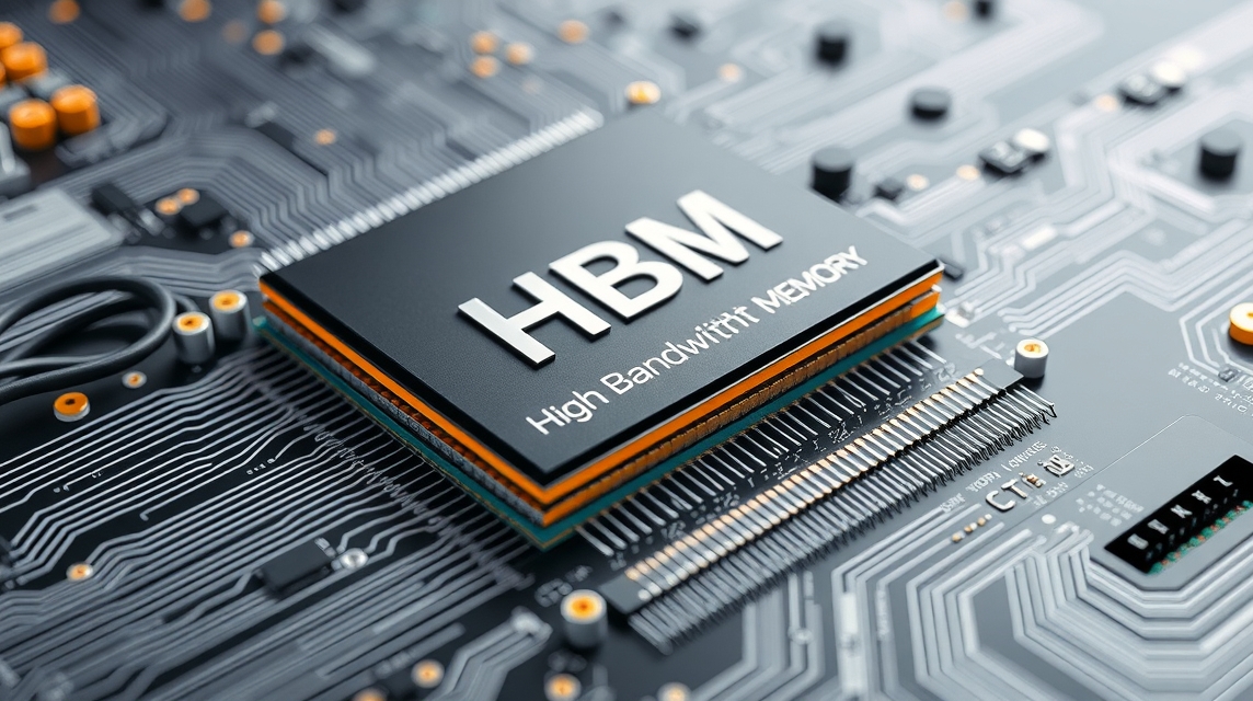Detailný pohľad na čip HBM s označením High Bandwidth Memory na základnej doske.
