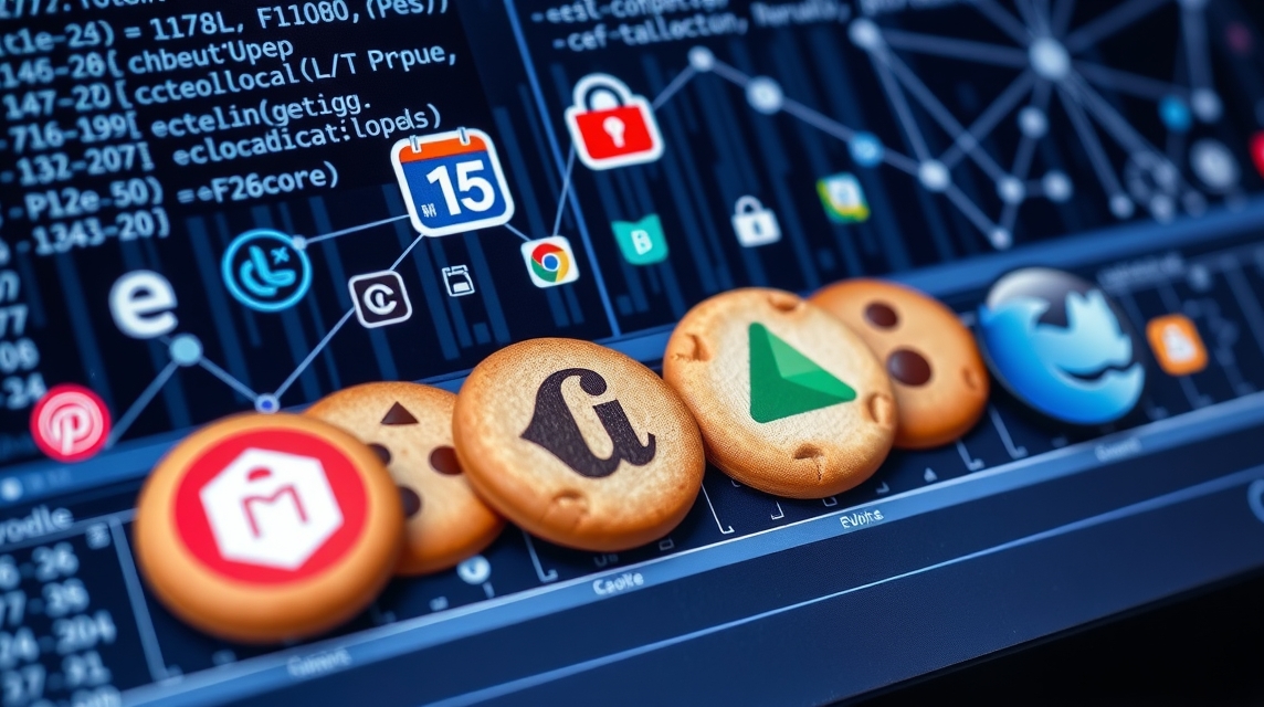 Na obrazovke sú zobrazené rôzne ikony a grafy súvisiace s webovými technológiami.