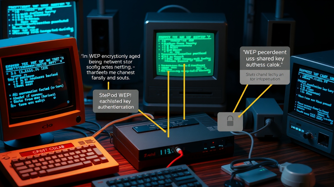Staré počítače a zariadenia s obrazovkami, ktoré zobrazujú technické údaje o WEP šifrovaní.