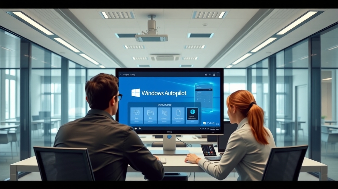 Dva pracovníci sedia pred monitorom, na ktorom je zobrazený Windows Autopilot.